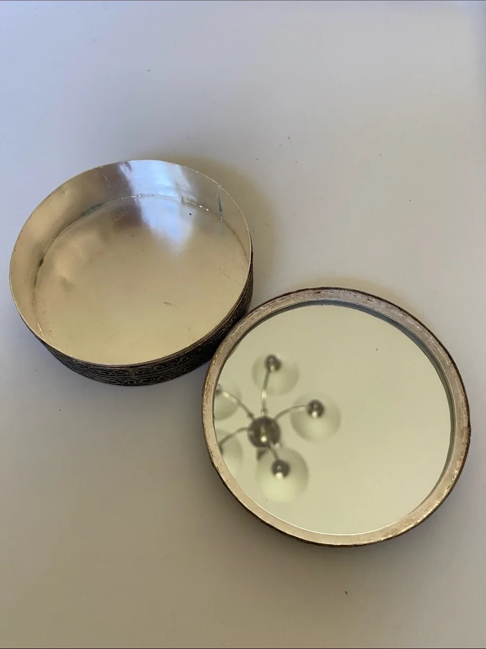 Vintage Asian Hand Painted Porcelain Shard Top Silver Tone Round Trinket Box